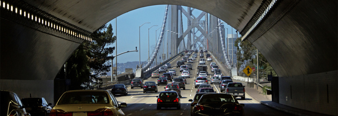 Cars driving over the Bay Bridge.