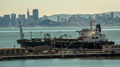 A ship docked at the Richmond Long Wharf.